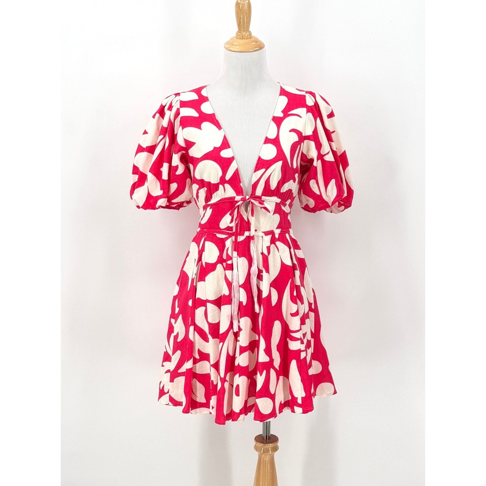 HOUSE OF HARLOW 1960 Mini Dress Women Small Pink Floral Puff Sleeve Tie Front